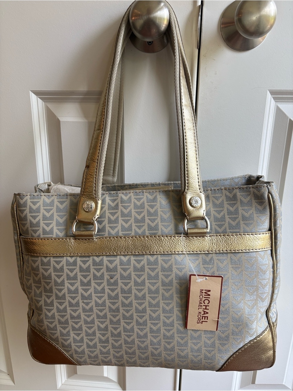 MICHAEL Michael Kors Fieldston Large Shopper Silver Signature Jacquard Tote NWT